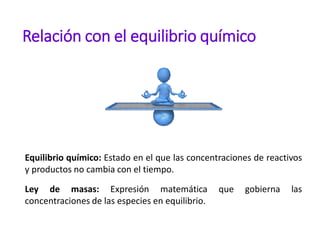Relación con el equilibrio químico
Equilibrio químico: Estado en el que las concentraciones de reactivos
y productos no cambia con el tiempo.
Ley de masas: Expresión matemática que gobierna las
concentraciones de las especies en equilibrio.
 