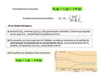 Consideremos la reacción: H2 (g) + I2 (g) ⇄ 2 HI (g)
Cuando se alcanza el equilibrio
 
   eq
2
2
2
c
I
H
HI
=
K
=
Q






… Si se añade hidrógeno:
a) Aumenta [H2], mientras que [I2] y [HI] permanecen constante; Q disminuye dejando
de ser igual a Kc, rompiéndose el equilibrio químico.
c) El equilibrio se desplaza hacia la derecha:
H2 (g) + I2 (g) → 2 HI (g)
b) De acuerdo con el principio de Le Châtelier, el sistema reacciona en el sentido de
contrarrestar el aumento de la concentración de H2, consumiendo parte del H2
añadido, al reaccionar con el I2, produciendo más HI.
 