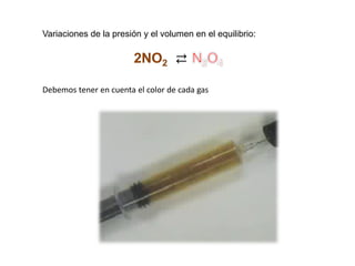 Variaciones de la presión y el volumen en el equilibrio:
2NO2 ⇄
Debemos tener en cuenta el color de cada gas
 
