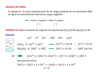 Es aquella en la cual la concentración de las cargas positivas de una disolución debe
ser igual a la concentración total de las cargas negativas.
BALANCE DE CARGA
moles / L (carga +) = moles / L (carga -)
[ ] [ ]
EJEMPLO 14: Hacer el balance de carga de una solución de CaCl2 0,2 M y Na2SO4 0,1 M
Solución:
𝐶𝑎𝐶𝑙2 ⇆ 𝐶𝑎2+
+ 2𝐶𝑙−
2[𝐶𝑎2+
] + 1 𝑁𝑎+
+ 𝐻3𝑂+
= 1 𝐶𝑙−
+ 2 𝑆𝑂4
2−
+ [𝑂𝐻−
]
𝐵C
𝐶𝑙−
𝐶𝑎2+ 𝑁𝑎+
𝑆𝑂4
2−
𝑂𝐻− 𝐻3𝑂+
Reemplazando valores:
2 0,2 + 1(0,2) + 1 × 10−7 = 1(0,4) + 2(0,1) + 1 × 10−7
𝑁𝑎2𝑆𝑂4 ⇆ 2𝑁𝑎+
+ 𝑆𝑂4
2−
[𝐶𝑎2+
] = 0,2 𝑀 [𝐶𝑙−
] = 0,4 𝑀
[𝑁𝑎+
] = 0,2 𝑀 [𝑆𝑂4
2−
]=0,1 M
𝐶𝑎2+
𝐶𝑙−
𝑁𝑎+
𝑆𝑂4
2−
;
;
0 = 0
 