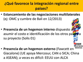 ¿Qué favorece la integración regional entre 
países? 
• Estancamiento de las negociaciones multilaterales 
(ej: OMC y cumb...