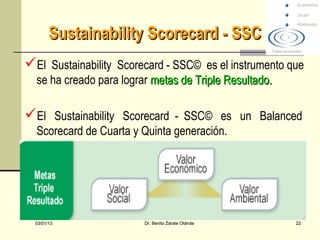 Sustainability Scorecard - SSC
El Sustainability Scorecard - SSC© es el instrumento que
  se ha creado para lograr metas de Triple Resultado.

El Sustainability Scorecard - SSC© es un Balanced
  Scorecard de Cuarta y Quinta generación.




  03/01/13               Dr. Benito Zárate Otárola      22
 