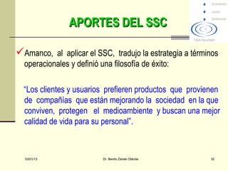 APORTES DEL SSC

Amanco, al aplicar el SSC, tradujo la estrategia a términos
  operacionales y definió una filosofía de éxito:

  “Los clientes y usuarios prefieren productos que provienen
  de compañías que están mejorando la sociedad en la que
  conviven, protegen el medioambiente y buscan una mejor
  calidad de vida para su personal”.



  03/01/13                 Dr. Benito Zárate Otárola     32
 