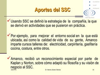 Aportes del SSC
Usando SSC se definió la estrategia de la compañía, la que
  se derivó en actividades que se pusieron en práctica.

Por ejemplo, para mejorar el entorno social en la que está
  ubicada, así como la calidad de vida de su gente, Amanco
  imparte cursos talleres de: electricidad, carpintería, gasfitería
  cocina, costura, entre otros.

Amanco, recibió un reconocimiento especial por parte de
  Kaplan y Norton, sobre cómo adaptó su filosofía y su visión de
  negocio al SSC.
  03/01/13                 Dr. Benito Zárate Otárola           33
 