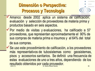 Dimensión o Perspectiva:
               Procesos y Tecnología
Amanco desde 2002 aplica un sistema de calificación,
 evaluación y selección de proveedores de materia prima y
 productos basado en seis aspectos.
Por medio de visitas y evaluaciones, ha calificado a 57
 proveedores, que representan aproximadamente el 90% de
 sus compras de materia prima e insumos y el 64% del total
 de sus compras.
Se uso este procedimiento de calificación, a los proveedores
 más representativos de tubosistemas como: geosistemas,
 pisos y accesorios sanitarios. Se definió una frecuencia de
 estas evaluaciones de uno a tres años, dependiendo de los
 resultado obtenidos por cada proveedor.
   03/01/13               Dr. Benito Zárate Otárola       38
 