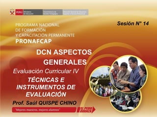 Prof. Saúl QUISPE CHINO DCN ASPECTOS  GENERALES Evaluación Curricular IV TÉCNICAS E INSTRUMENTOS DE EVALUACIÓN Sesión N° 14 
