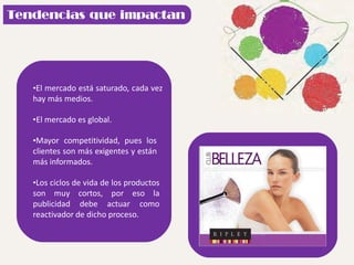 •El mercado está saturado, cada vez
hay más medios.
•El mercado es global.
•Mayor competitividad, pues los
clientes son más exigentes y están
más informados.
•Los ciclos de vida de los productos
son muy cortos, por eso la
publicidad debe actuar como
reactivador de dicho proceso.
 