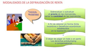 MODALIDADES DE LA DEFRAUDACIÓN DE RENTA
S DE
ADUANA
T
T
e
e
r
r
c
c
e
e
r
r
a
a
M
M
o
o
d
d
a
a
li
ld
id
a
a
d
d
Sobrevaluar o subvaluar
el precio de las mercancías,
variar la cantidad de las mercancías
A fin de obtener en forma ilícita
incentivos o beneficios económicos
establecidos
en la legislación nacional
O dejar de pagar en todo o en parte
Los derechos antidumping
o compensatorios
 