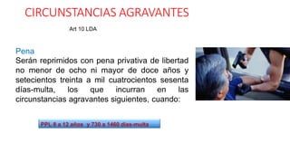 Art 10 LDA
Pena
Serán reprimidos con pena privativa de libertad
no menor de ocho ni mayor de doce años y
setecientos treinta a mil cuatrocientos sesenta
días-multa, los que incurran en las
circunstancias agravantes siguientes, cuando:
PPL 8 a 12 años y 730 a 1460 días-multa
CIRCUNSTANCIAS AGRAVANTES
 