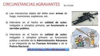 CIRCUNSTANCIAS AGRAVANTES Art 10 LDA
a) Las mercancías objeto del delito sean armas de
fuego, municiones, explosivos, etc.
b) Interviene en el hecho en calidad de autor,
instigador o cómplice primario, un funcionario o
servidor público.
c) Interviene en el hecho en calidad de autor,
instigador o cómplice primario un funcionario
público o servidor de la Administración Aduanera
o un integrante de las Fuerzas Armadas o de la
Policía Nacional.
PPL 8 a 12 años y 730 a 1460 días-multa
 