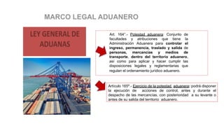 MARC
Administración Aduanera para controlar
Art. 164°.- Potestad aduanera: Conjunto de
facultades y atribuciones que tiene la
el
ingreso, permanencia, traslado y salida de
personas, mercancías y medios de
transporte, dentro del territorio aduanero,
así como para aplicar y hacer cumplir las
disposiciones legales y reglamentarias que
regulan el ordenamiento jurídico aduanero.
Artículo 165º.- Ejercicio de la potestad aduanera: podrá disponer
la ejecución de acciones de control, antes y durante el
despacho de las mercancías, con posterioridad a su levante o
antes de su salida del territorio aduanero.
 