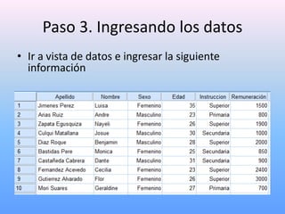 Paso 3. Ingresando los datos
• Ir a vista de datos e ingresar la siguiente
  información
 