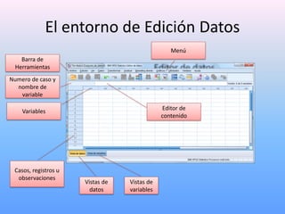 El entorno de Edición Datos
                                                 Menú
   Barra de
 Herramientas
Numero de caso y
  nombre de
   variable

    Variables                                 Editor de
                                              contenido




 Casos, registros u
  observaciones
                      Vistas de   Vistas de
                        datos     variables
 