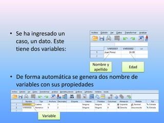 • Se ha ingresado un
  caso, un dato. Este
  tiene dos variables:

                             Nombre y
                                         Edad
                              apellido
• De forma automática se genera dos nombre de
  variables con sus propiedades



            Variable
 