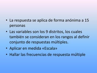 • La respuesta se aplica de forma anónima a 15
  personas
• Las variables son los 9 distritos, los cuales
  también se consideran en los rangos al definir
  conjunto de respuestas múltiples.
• Aplicar en medida «Escala»
• Hallar las frecuencias de respuesta múltiple
 