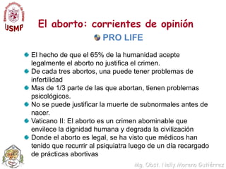 El aborto: corrientes de opinión PRO LIFEEl hecho de que el 65% de la humanidad acepte legalmente el aborto no justifica el crimen.De cada tres abortos, una puede tener problemas de infertilidad Mas de 1/3 parte de las que abortan, tienen problemas psicológicos.No se puede justificar la muerte de subnormales antes de nacer. Vaticano II: El aborto es un crimen abominable que envilece la dignidad humana y degrada la civilizaciónDonde el aborto es legal, se ha visto que médicos han tenido que recurrir al psiquiatra luego de un día recargado de prácticas abortivas