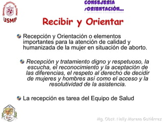 Consejería /Orientación…Recibir y OrientarRecepción y Orientación o elementos importantes para la atención de calidad y humanizada de la mujer en situación de aborto.Recepción y tratamiento digno y respetuoso, la escucha, el reconocimiento y la aceptación de las diferencias, el respeto al derecho de decidir de mujeres y hombres así como el acceso y la resolutividad de la asistencia.La recepción es tarea del Equipo de Salud