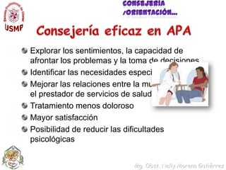 Consejería /Orientación…Consejería eficaz en APAExplorar los sentimientos, la capacidad de afrontar los problemas y la toma de decisionesIdentificar las necesidades especialesMejorar las relaciones entre la mujer yel prestador de servicios de saludTratamiento menos doloroso Mayor satisfacciónPosibilidad de reducir las dificultades psicológicas