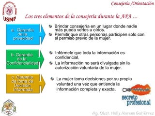 Consejería /OrientaciónLos tres elementos de la consejería durante la APA …Brindar consejería en un lugar donde nadie más pueda verlos u oírlos.Permitir que otras personas participen sólo con el permiso previo de la mujer.Garantía de la privacidadb. Garantía de la ConfidencialidadInfórmele que toda la información es confidencial. La información no será divulgada sin la autorización voluntaria de la mujer.c. Garantía de toma de Decisión InformadaLa mujer toma decisiones por su propia voluntad una vez que entiende la información completa y exacta.
