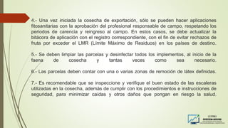 4.- Una vez iniciada la cosecha de exportación, sólo se pueden hacer aplicaciones
fitosanitarias con la aprobación del profesional responsable de campo, respetando los
periodos de carencia y reingreso al campo. En estos casos, se debe actualizar la
bitácora de aplicación con el registro correspondiente, con el fin de evitar rechazos de
fruta por exceder el LMR (Límite Máximo de Residuos) en los países de destino.
5.- Se deben limpiar las parcelas y desinfectar todos los implementos, al inicio de la
faena de cosecha y tantas veces como sea necesario.
6.- Las parcelas deben contar con una o varias zonas de remoción de látex definidas.
7.- Es recomendable que se inspeccione y verifique el buen estado de las escaleras
utilizadas en la cosecha, además de cumplir con los procedimientos e instrucciones de
seguridad, para minimizar caídas y otros daños que pongan en riesgo la salud.
 