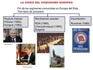 LA CRISIS DEL COMUNISMO EUROPEO 
Fin de los regímenes comunistas en Europa del Este. 
Tres tipos de procesos: 
Ruptura Interior: 
Polonia (1985), 
Hungría (1989). 
Movilización popular: 
RDA (1989), 
Checoslovaquia (1989), 
Bulgaria. 
Insurrección: 
Rumania (1989). 
Lech Walesa 
Ferenc Gyurcsany 
 