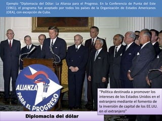 Ejemplo “Diplomacia del Dólar: La Alianza para el Progreso. En la Conferencia de Punta del Este 
(1961), el programa fue aceptado por todos los países de la Organización de Estados Americanos 
(OEA), con excepción de Cuba. 
Diplomacia del dólar 
“Política destinada a promover los 
intereses de los Estados Unidos en el 
extranjero mediante el fomento de 
la inversión de capital de los EE.UU. 
en el extranjero" 
 