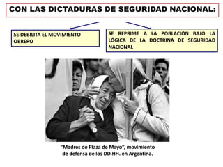 CON LAS DICTADURAS DE SEGURIDAD NACIONAL: 
SE DEBILITA EL MOVIMIENTO 
OBRERO 
SE REPRIME A LA POBLACIÓN BAJO LA 
LÓGICA DE LA DOCTRINA DE SEGURIDAD 
NACIONAL 
“Madres de Plaza de Mayo”, movimiento 
de defensa de los DD.HH. en Argentina. 
 