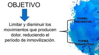 OBJETIVO
Limitar y disminuir los
movimientos que producen
dolor, reduciendo el
período de inmovilización.
FORMA
PREVENTIVA
FORMA
TERAPÉUTICA
 