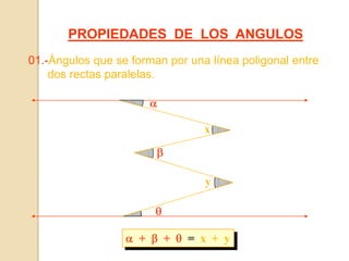 xyPROPIEDADES  DE  LOS  ANGULOS01.-Ángulos que se forman por una línea poligonal entre       dos rectas paralelas.  +    +    =  x  +  y