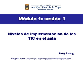 Niveles de implementación de las
          TIC en el aula


                                                  Tony Chang

 Blog del curso: http://uigv-usopedagogicodelastic.blogspot.com/
 