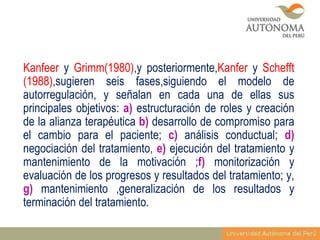 Kanfeer y Grimm(1980),y posteriormente,Kanfer y Schefft
(1988),sugieren seis fases,siguiendo el modelo de
autorregulación, y señalan en cada una de ellas sus
principales objetivos: a) estructuración de roles y creación
de la alianza terapéutica b) desarrollo de compromiso para
el cambio para el paciente; c) análisis conductual; d)
negociación del tratamiento, e) ejecución del tratamiento y
mantenimiento de la motivación ;f) monitorización y
evaluación de los progresos y resultados del tratamiento; y,
g) mantenimiento ,generalización de los resultados y
terminación del tratamiento.

 