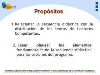 Propósitos

1.Relacionar la secuencia didáctica con la
  distribución de los textos de Lectores
  Competentes.


2. Saber      planear     los    elementos
  fundamentales de la secuencia didáctica
  para las sesiones del programa.
 