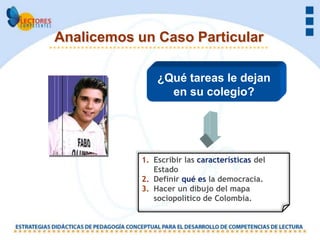 Analicemos un Caso Particular

                ¿Qué tareas le dejan
                  en su colegio?




            1. Escribir las características del
               Estado
            2. Definir qué es la democracia.
            3. Hacer un dibujo del mapa
               sociopolítico de Colombia.
 