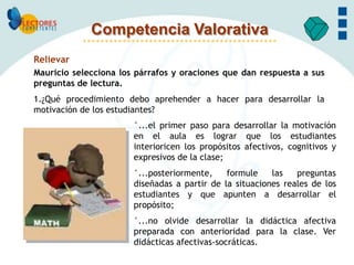 Competencia Valorativa
Relievar
Mauricio selecciona los párrafos y oraciones que dan respuesta a sus
preguntas de lectura.
1.¿Qué procedimiento debo aprehender a hacer para desarrollar la
motivación de los estudiantes?
                       °...el primer paso para desarrollar la motivación
                       en el aula es lograr que los estudiantes
                       interioricen los propósitos afectivos, cognitivos y
                       expresivos de la clase;
                       °...posteriormente,    formule    las   preguntas
                       diseñadas a partir de la situaciones reales de los
                       estudiantes y que apunten a desarrollar el
                       propósito;
                       °...no olvide desarrollar la didáctica afectiva
                       preparada con anterioridad para la clase. Ver
                       didácticas afectivas-socráticas.
 