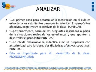 ANALIZAR
• °...el primer paso para desarrollar la motivación en el aula es
  exhortar a los estudiantes para que interioricen los propósitos
  afectivos, cognitivos y expresivos de la clase; PUNTUAR
• °...posteriormente, formule las preguntas diseñadas a partir
  de la situaciones reales de los estudiantes y que apunten a
  desarrollar el propósito; PUNTUAR
• °...no olvide desarrollar la didáctica afectiva preparada con
  anterioridad para la clase. Ver didácticas afectivas-socráticas.
  PUNTUAR
• Ésta es importante para el            desarrollo de la clase.
  PRONOMINALIZAR
 