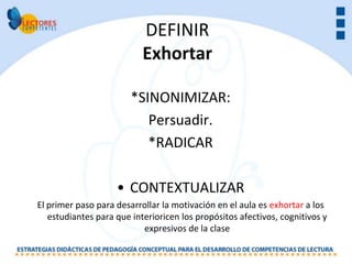 DEFINIR
                           Exhortar

                        *SINONIMIZAR:
                           Persuadir.
                           *RADICAR

                    • CONTEXTUALIZAR
El primer paso para desarrollar la motivación en el aula es exhortar a los
   estudiantes para que interioricen los propósitos afectivos, cognitivos y
                           expresivos de la clase
 