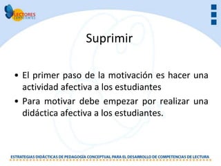 Suprimir

• El primer paso de la motivación es hacer una
  actividad afectiva a los estudiantes
• Para motivar debe empezar por realizar una
  didáctica afectiva a los estudiantes.
 