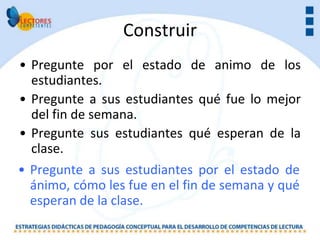 Construir
• Pregunte por el estado de animo de los
  estudiantes.
• Pregunte a sus estudiantes qué fue lo mejor
  del fin de semana.
• Pregunte sus estudiantes qué esperan de la
  clase.
• Pregunte a sus estudiantes por el estado de
  ánimo, cómo les fue en el fin de semana y qué
  esperan de la clase.
 