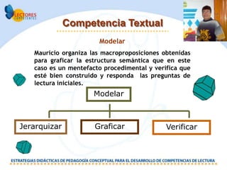 Competencia Textual
                       Modelar
   Mauricio organiza las macroproposiciones obtenidas
   para graficar la estructura semántica que en este
   caso es un mentefacto procedimental y verifica que
   esté bien construido y responda las preguntas de
   lectura iniciales.
                      Modelar



Jerarquizar           Graficar               Verificar
 