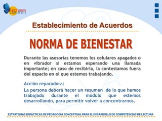 Establecimiento de Acuerdos



Durante las asesorías tenemos los celulares apagados o
en vibrador si estamos esperando una llamada
importante; en caso de recibirla, la contestamos fuera
del espacio en el que estemos trabajando.

Acción reparadora:
La persona deberá hacer un resumen de lo que hemos
trabajado   durante    el    módulo     que    estemos
desarrollando, para permitir volver a concentrarnos.
 