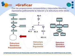 •Graficar
   Con las proposiciones comprendidas y depuradas Mauricio
   representa gráficamente la relación y la estructura entre ideas.

                                 D1.1

                                 D1

                                    T

                            A1           A2


                     A1.1    A1.2       A2.1



                                        A2.1.1


                            Estructura             Estructura
  Estructura
                            Semántica              Semántica
  Semántica
                            Argumental             Conceptual
Procedimental
 