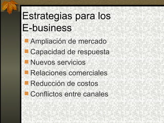 Estrategias para los
E-business
 Ampliación de mercado
 Capacidad de respuesta
 Nuevos servicios
 Relaciones comerciales
 Reducción de costos
 Conflictos entre canales
 