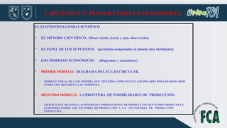 CAPÍTULO Nº 2 PENSAR COMO UN ECONOMISTA.
EL ECONONISTA COMO CIENTÍFICO
• EL MÉTODO CIENTÍFICO. Observación, teoría y más observación.
• EL PAPEL DE LOS SUPUESTOS. (permiten comprender el mundo más fácilmente)
• LOS MODELOS ECONÓMICOS (diagramas y ecuaciones)
• PRIMER MODELO: DIAGRAMA DEL FLUJO CIRCULAR.
– MODELO VISUAL DE LA ECONOMÍA QUE MUESTRA CÓMO FLUYEN LOS DÓLARES POR LOS MERCADOS
ENTRE LOS HOGARES Y LAS EMPRESAS.
• SEGUNDO MODELO: LA FRONTERA DE POSIBILIDADES DE PRODUCCIÓN.
– GRÁFICO QUE MUESTRA LAS DIVERSAS COMBINACIONES DE PRODUCCTOS QUE PUEDE PRODUCIR LA
ECONOMÍA DADOS LOS FACTORES DE PRODUCCIÓN Y LA TECNOLOGÍA DE PRODUCCIÓN
EXISTENTES.
 