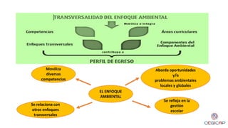 EL ENFOQUE
AMBIENTAL
Se refleja en la
gestión
escolar
Se relaciona con
otros enfoques
transversales
Aborda oportunidades
y/o
problemas ambientales
locales y globales
Moviliza
diversas
competencias
 