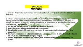 La Educación Ambiental se implementa e instrumenta en las II.EE. a través de la aplicación del Enfoque
Ambiental
ENFOQUE
AMBIENTAL
El enfoque ambiental orienta los procesos educativos hacia la formación de personas con conciencia
crítica y colectiva sobre la problemática ambiental y la condición del cambio climático, así como su
relación con la salud, la pobreza y la desigualdad social, el agotamiento de recursos naturales, entre
otros aspectos. Características
1. Fortalece el ejercicio de una ciudadanía con conciencia ambiental
2. Opera de manera holística, interdisciplinaria y comunitaria.
3. Su aplicación en las II. EE. contribuye a la mejora de los entornos, de la calidad de vida y de la
educación.
4. Promueve el desarrollo de prácticas relacionadas con la conservación de la biodiversidad, del suelo,
del aire, el uso sostenible de la energía y el agua.
5. Orienta las prácticas educativas que contribuyen al desarrollo sostenible de nuestro país y del
planeta.
 