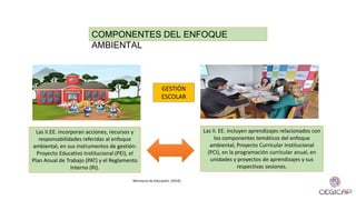 COMPONENTES DEL ENFOQUE
AMBIENTAL
Las II.EE. incorporan acciones, recursos y
responsabilidades referidas al enfoque
ambiental, en sus instrumentos de gestión:
Proyecto Educativo Institucional (PEI), el
Plan Anual de Trabajo (PAT) y el Reglamento
Interno (RI).
Las II. EE. incluyen aprendizajes relacionados con
los componentes temáticos del enfoque
ambiental, Proyecto Curricular Institucional
(PCI), en la programación curricular anual, en
unidades y proyectos de aprendizajes y sus
respectivas sesiones.
Ministerio de Educación. (2019).
GESTIÓN
ESCOLAR
 
