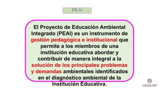 El Proyecto de Educación Ambiental
Integrado (PEAI) es un instrumento de
gestión pedagógica e institucional que
permite a los miembros de una
institución educativa abordar y
contribuir de manera integral a la
solución de los principales problemas
y demandas ambientales identificados
en el diagnóstico ambiental de la
Institución Educativa.
 