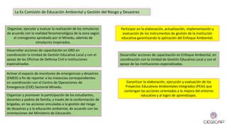 Organizar, ejecutar y evaluar la realización de los simulacros
de acuerdo con la realidad fenomenológica de la zona según
el cronograma aprobado por el Minedu, además de
simulacros inopinados.
Desarrollar acciones de capacitación en GRD en
coordinación la Unidad de Gestión Educativa Local y con el
apoyo de las Oficinas de Defensa Civil e instituciones
especializadas.
Activar el espacio de monitoreo de emergencias y desastres
(EMED) a fin de reportar a las instancias correspondientes
en coordinación con el Centro de Operaciones de
Emergencia (COE) Sectorial Minedu.
Organizar y promover la participación de los estudiantes,
docentes y padres de familia, a través de la conformación de
brigadas, en las acciones vinculadas a la gestión del riesgo
de desastres y a la educación ambiental, de acuerdo con las
orientaciones del Ministerio de Educación.
Participar en la elaboración, actualización, implementación y
evaluación de los instrumentos de gestión de la institución
educativa garantizando la aplicación del Enfoque Ambiental.
Desarrollar acciones de capacitación en Enfoque Ambiental, en
coordinación con la Unidad de Gestión Educativa Local y con el
apoyo de las instituciones especializadas.
Garantizar la elaboración, ejecución y evaluación de los
Proyectos Educativos Ambientales Integrados (PEAI) que
contengan las acciones orientadas a la mejora del entorno
educativo y al logro de aprendizajes.
La Ex Comisión de Educación Ambiental y Gestión del Riesgo y Desastres
 