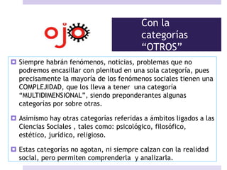 Con la
categorías
“OTROS”
 Siempre habrán fenómenos, noticias, problemas que no
podremos encasillar con plenitud en una sola categoría, pues
precisamente la mayoría de los fenómenos sociales tienen una
COMPLEJIDAD, que los lleva a tener una categoría
“MULTIDIMENSIONAL”, siendo preponderantes algunas
categorías por sobre otras.
 Asimismo hay otras categorías referidas a ámbitos ligados a las
Ciencias Sociales , tales como: psicológico, filosófico,
estético, jurídico, religioso.
 Estas categorías no agotan, ni siempre calzan con la realidad
social, pero permiten comprenderla y analizarla.
 