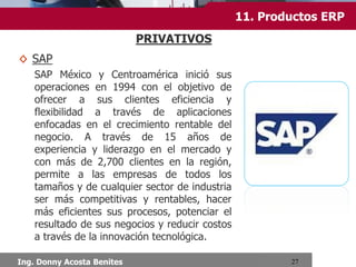 Chimbote, Setiembre 2013
• Ventas, distribución.
• Planeación de la producción.
• Logística.
• Manufactura.
• Recursos humanos.
• Contabilidad y finanzas.
11.Aplicaciones de un ERP
 